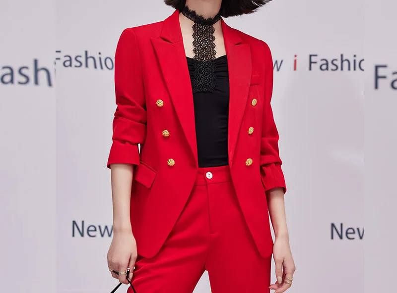 Tesco Office Lady Elegant Suit Fashion Ladies Work Wear Pant Suit Double Breasted Blazer Jacket 2 Piece Sets Women Outfits