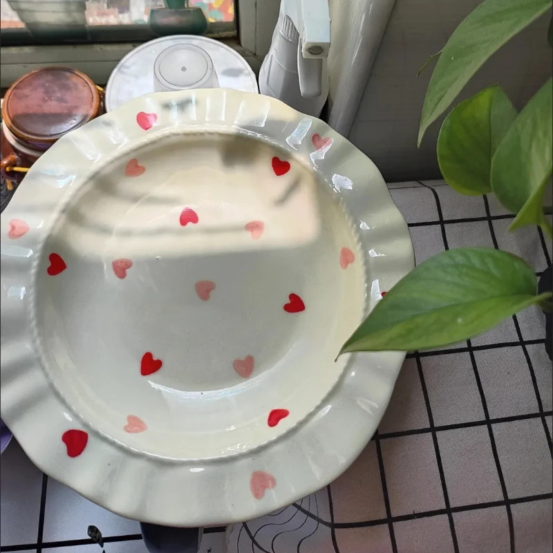 Cream Love Heart Lace Plate 8.5inch French Cake Dish Straw Hat Deep Plate Ceramic Salad Plate Dinner Dish Cutlery Tableware