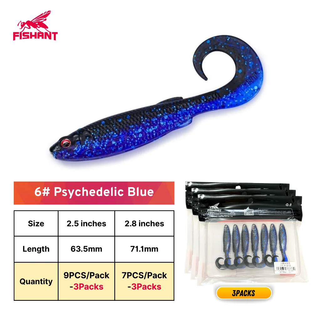 Fishant Curly Tail Zinkende Zachte Aasjes, 2.5"/2.8" Levensechte 3D Oog Worm Aas voor Finesse Vissen Mandarijnbaars Texas Drop Shot Rig
