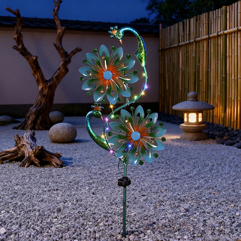 European Iron Solar Peacock Windmill - Waterproof Ground-Stake Garden Light for Yard & Lawn