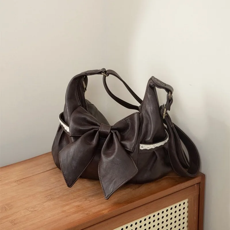 DoLife Store Vintage Brown Lace Bow Shoulder Messenger Bag Simple and Lightweight Literary and Casual Satchel Daily Commuter