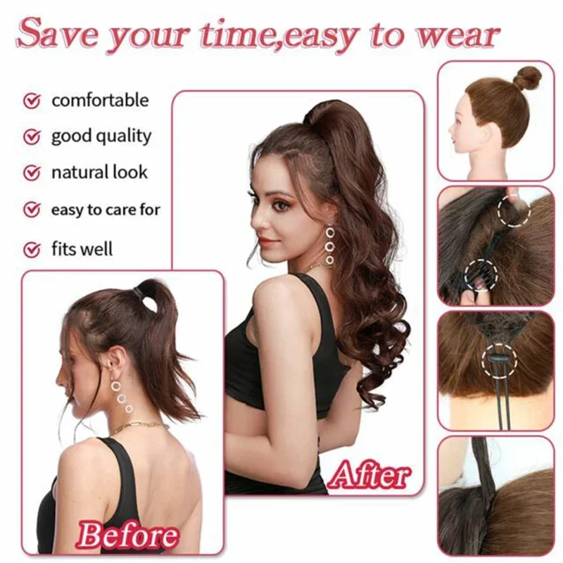 Long Wave Ponytail Hair Extensions 24'' Drawstring Ponytail False Hair for Women Blonde Synthetic Body Wavy Fake Tail Hairpiece