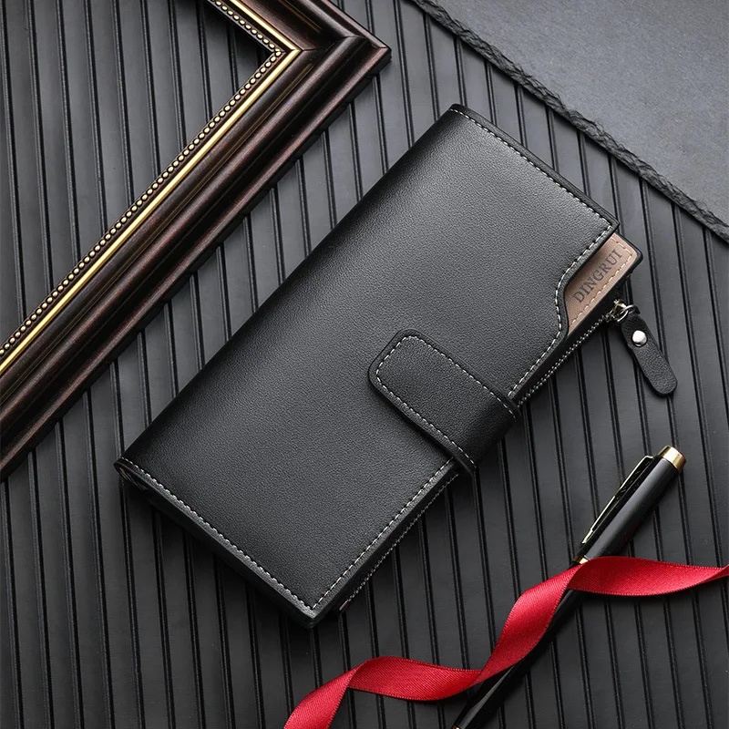 PU leather men's long wallet, multi-functional wallet, zipper buckle, three-fold business mobile phone bag