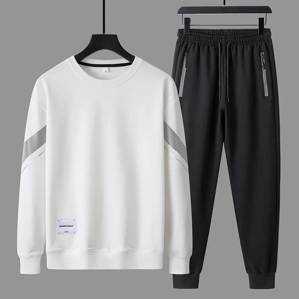 2Pcs/Set O-neck Long Sleeve Mid-rise Elastic Waistband Pockets Men Outfit Spring Autumn Splicing Color Sweatshirt Jogging Pants