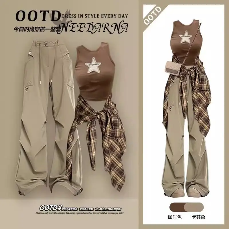 

Summer Maillard Outfits Women's 2025 New Fashionable Coffee Khaki Plaid Shirt with Vest Cargo Pants Three-piece Set