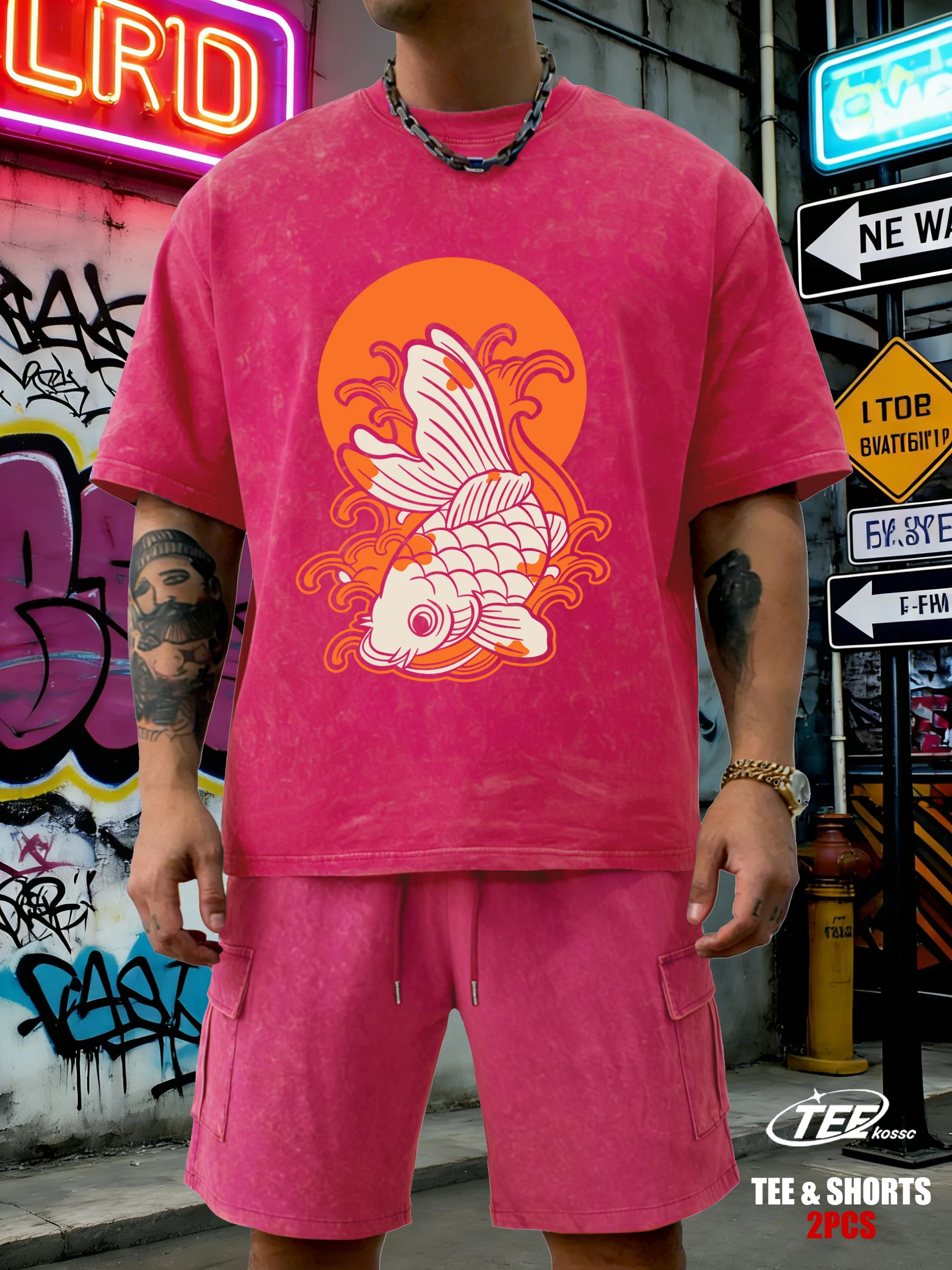 

Japanese Harajuku Sunset Koi Washed Mens T-Shirt Summer Comfortable Clothes Shortset Cotton Fashion Tee Shirt Unisex Loose Tees