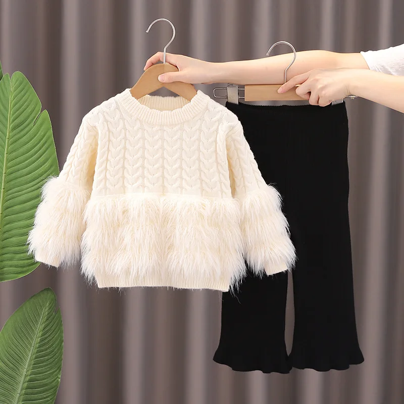 Kid Girl Knitted Two Piece Set Knit Sweater Top Feather Embellishments Cuffs Hem Knitted Flared Pants Children Stylish Clothes