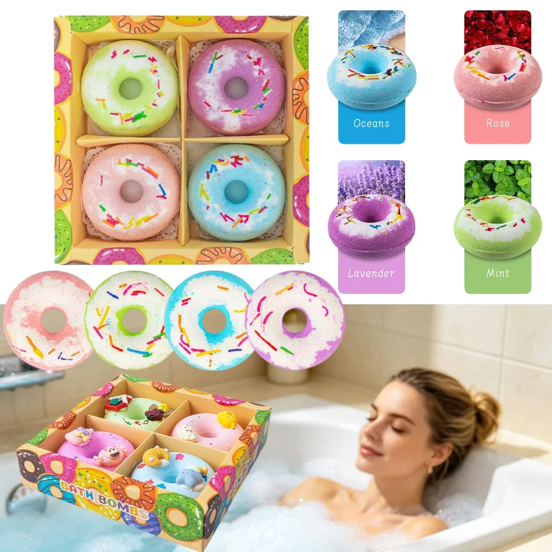 

Colorful Donut Bath Bombs Set with Surprise Toys 4Pcs Natural Essential Oil Scented Safe Fun Bath Fizzies for Kids & Adults