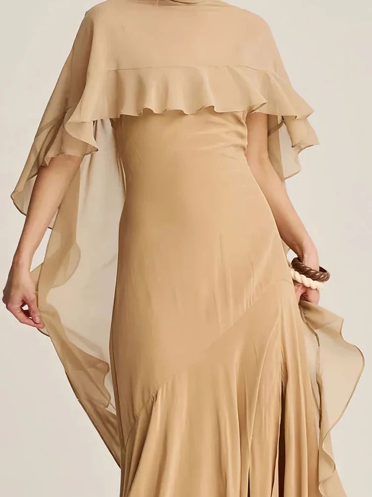

Sexy Ruffled Shawl Women's Long Dress New Autumn Chiffon Slim Fit Party Dress Elegant Solid Pleated Split Robe Dresses Vestidos