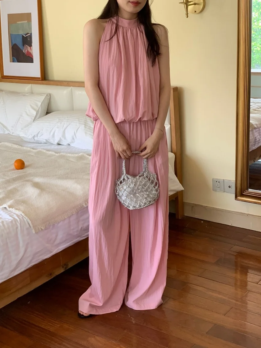 Alien Kitty Pink Off Shoulders Sweet Blouses Women Chic Loose Summer Gentle 2025 Wide Leg Straight Pants Office Lady Casual Sets