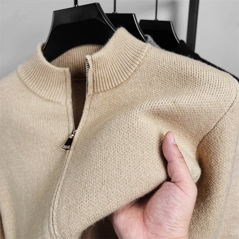 Autumn and Winter Men\'s Solid Color Classic Design Business Zipper Cardigan Korean Style Lapel Long-sleeved Wool Coat Top