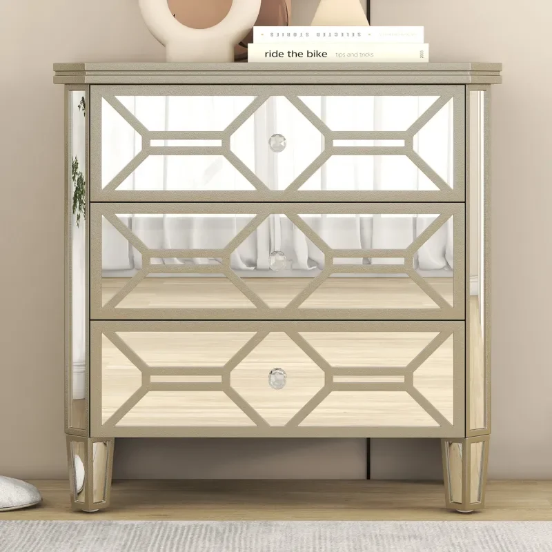 

Elegant Mirrored 3-Drawer Chest with Golden Lines Storage Cabinet Easy to assemble for Living Room, Hallway, Entryway