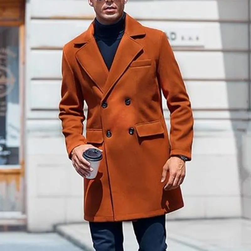 Men's Winter Mid-Length Coat Wool Warm Coats Lining Double Breasted Lapel Jacket Street Wear Men's Clothing Outerwears