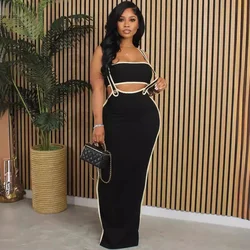 Sexy Party Long Dress Sets Women 2 Piece Set Outfit Vacation Strapless Crop Top and Maxi Skirts Matching Sets Party Clubwear