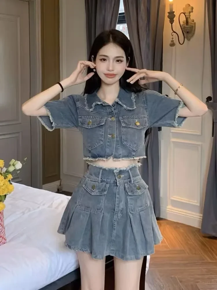 

Fashion Skirts Outfits Vintage Denim Two Piece Set Women Short Sleeve Crop Tops High Waist Pleated Mini Skirt Suit Y2k Clothing