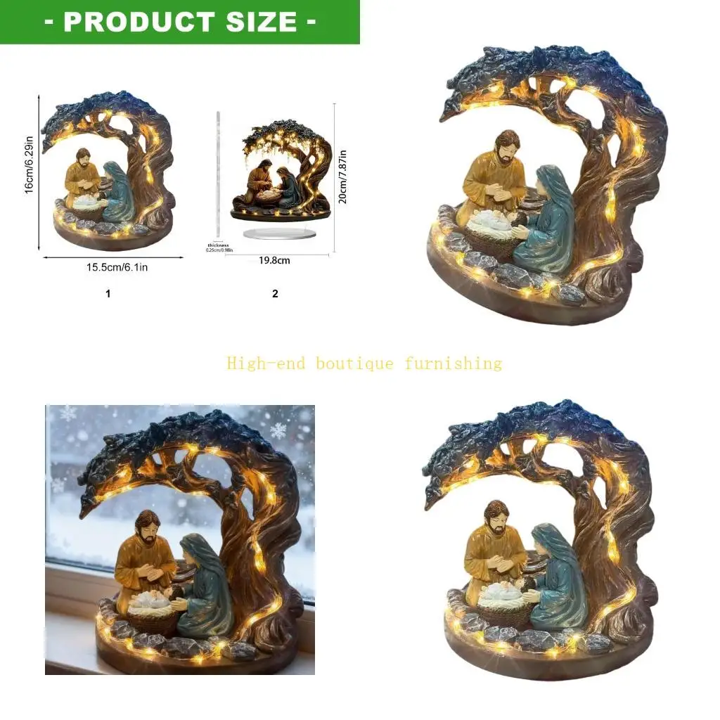 L9NB – décoration scène nativité noël, sainte famille, avec arbre éclairé par LED chaud, ornement en résine, cadeau