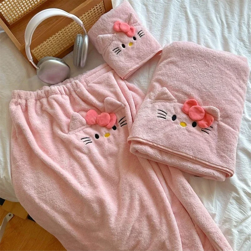 Sanrio Hello kitty bath towel, bath skirt, towel drying hair cap, three-piece set, cute large bathrobe, home couple kawaii gift