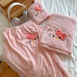 Sanrio Hello kitty bath towel, bath skirt, towel drying hair cap, three-piece set, cute large bathrobe, home couple kawaii gift