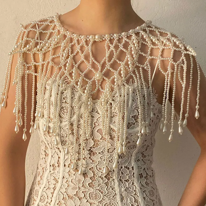 

Women Wedding Pearl Shawl With Hollow Tassel Shoulder Chain Elegant Multi-layer Pearl Body Chain Formal Event Daily Outfit Decor