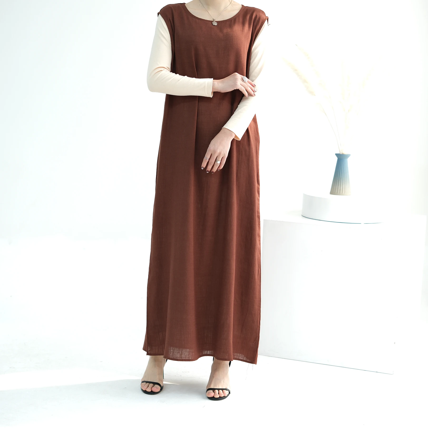 Women Sleeveless Maxi Dress Muslim Under Abaya Dubai Turkey Kaftan Eid Ramadan Islamic Clothing Arabic Robe Bottoms Abayas Gown