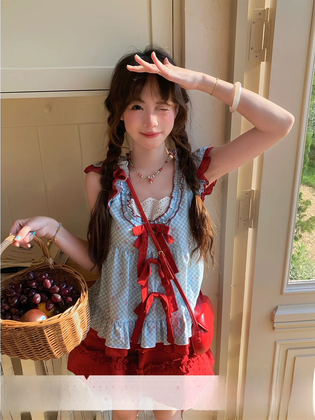 

Summer Blue Plaid Print Contrast Color Cherry Berry Bubble Skirt Set Women's Fashion Sleeveless Top And Skirt Ensemble