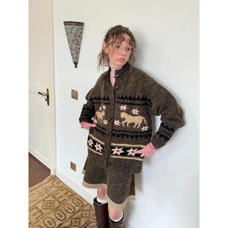 

Women's Autumn Spring Two-Piece Sweater Short Skirt Knitted Cardigan Jacquard Long Sleeves Retro Simple Comfortable Loose Casual