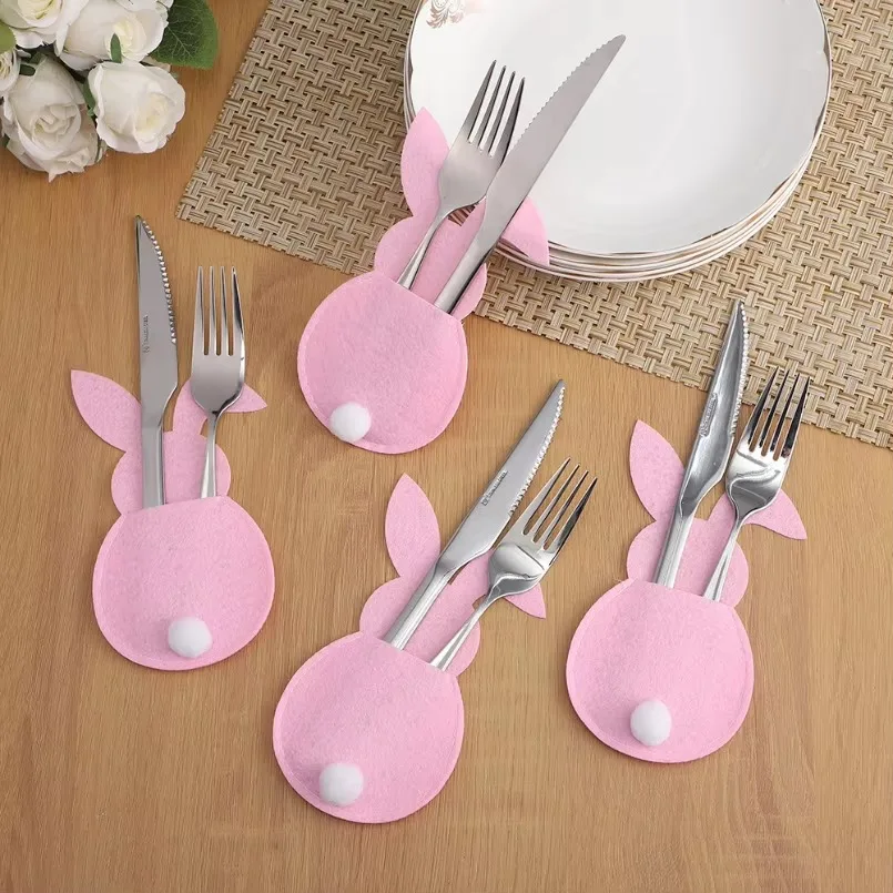 4Pcs Easter Bunny Felt Cutlery Holder Bag Happy Easter Decorations for Home Tableware Accessories Rabbit Cutlery Cover Bag Table - Image 3