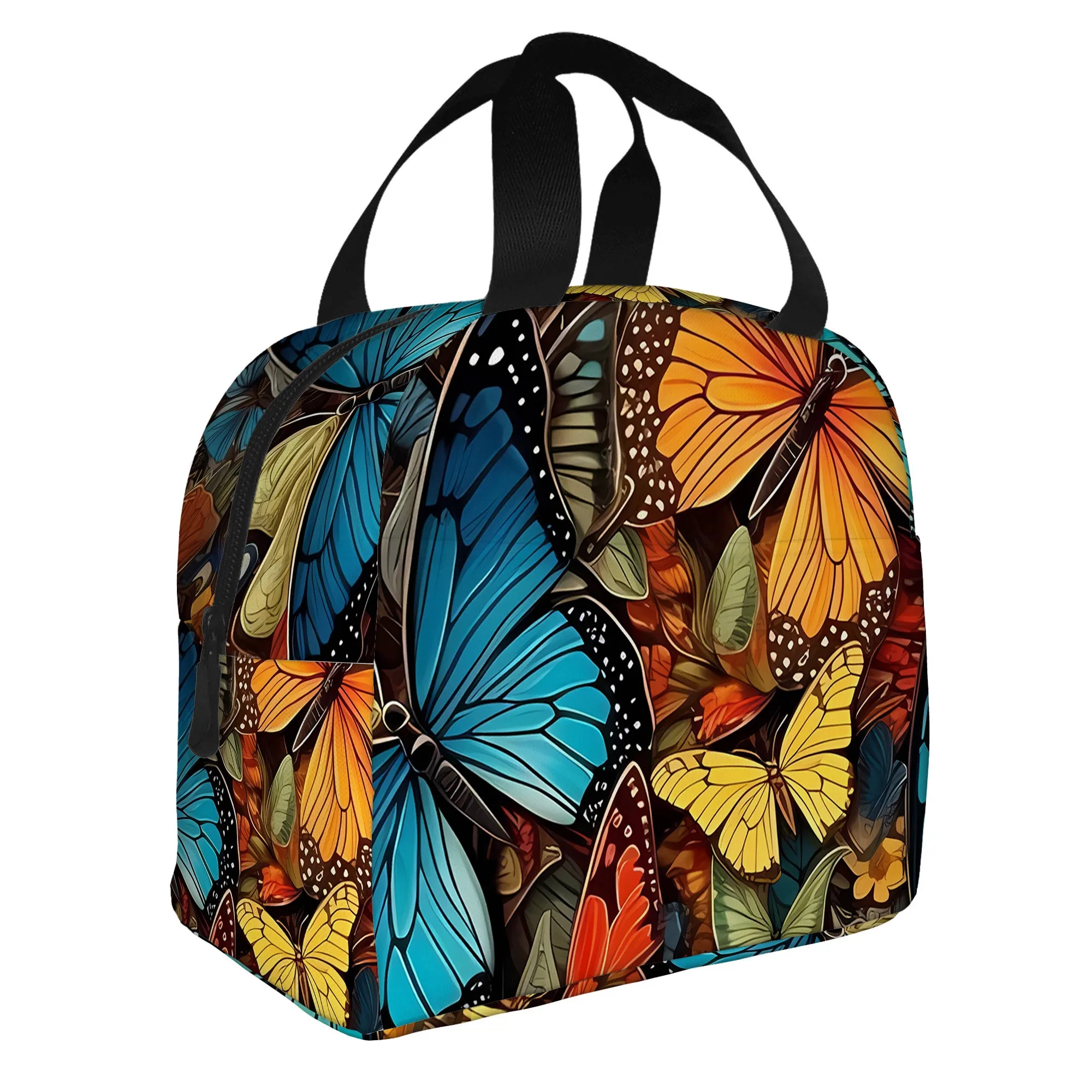 Vibrant Butterfly Print Insulated Lunch Bag Durable Polyester Oxford Cooler Tote for Unisex