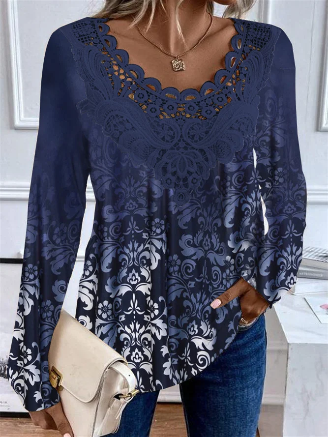 Plus Size Women's Long Sleeve Scoop Neck Floral Printed Lace Stitching Top