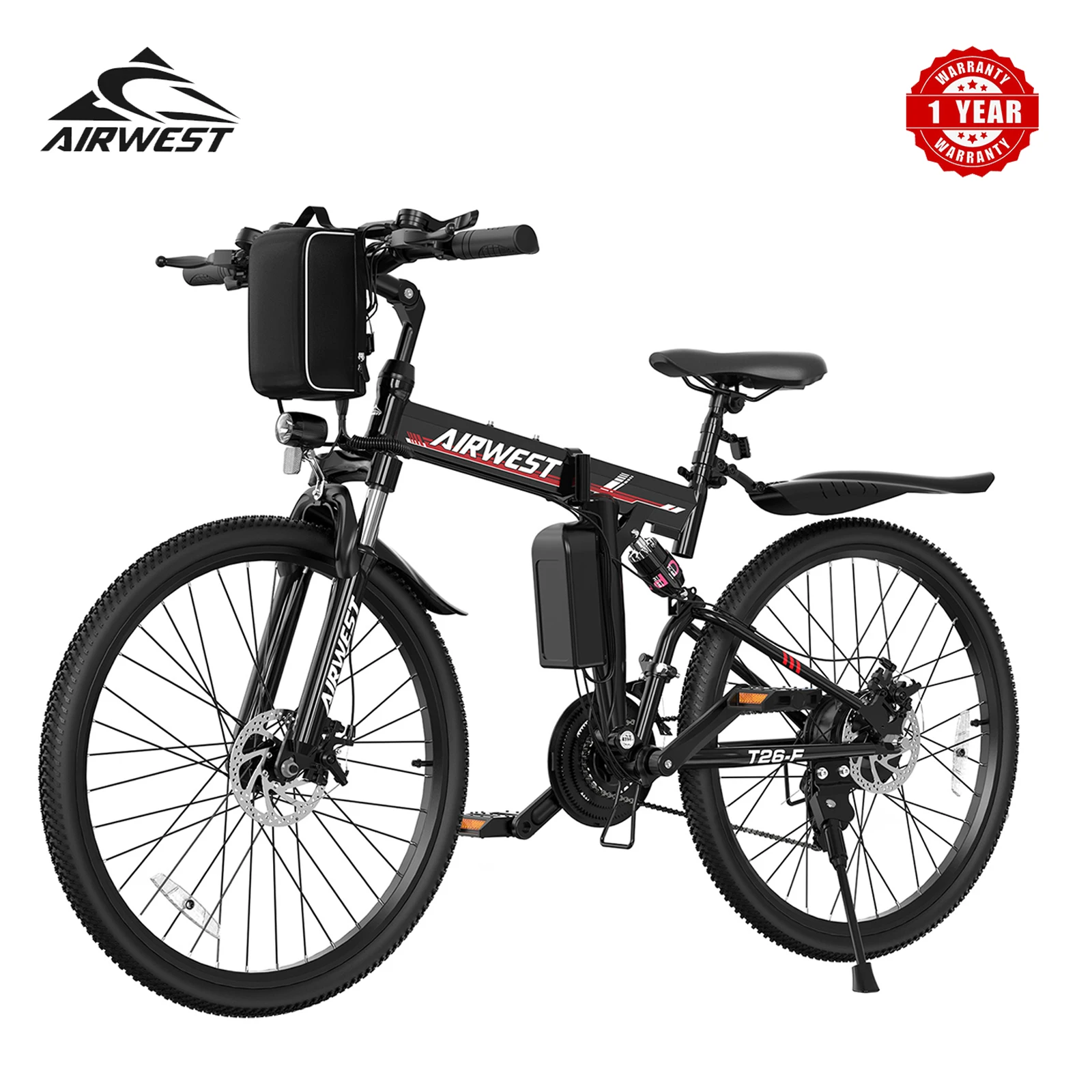 

AIRWEST T26-F, Adult Folding Electric Bike, Peak 750W Motor, 20MPH, 48V 7.8Ah Battery, 26" Tire, UL2849,1 Year Warranty