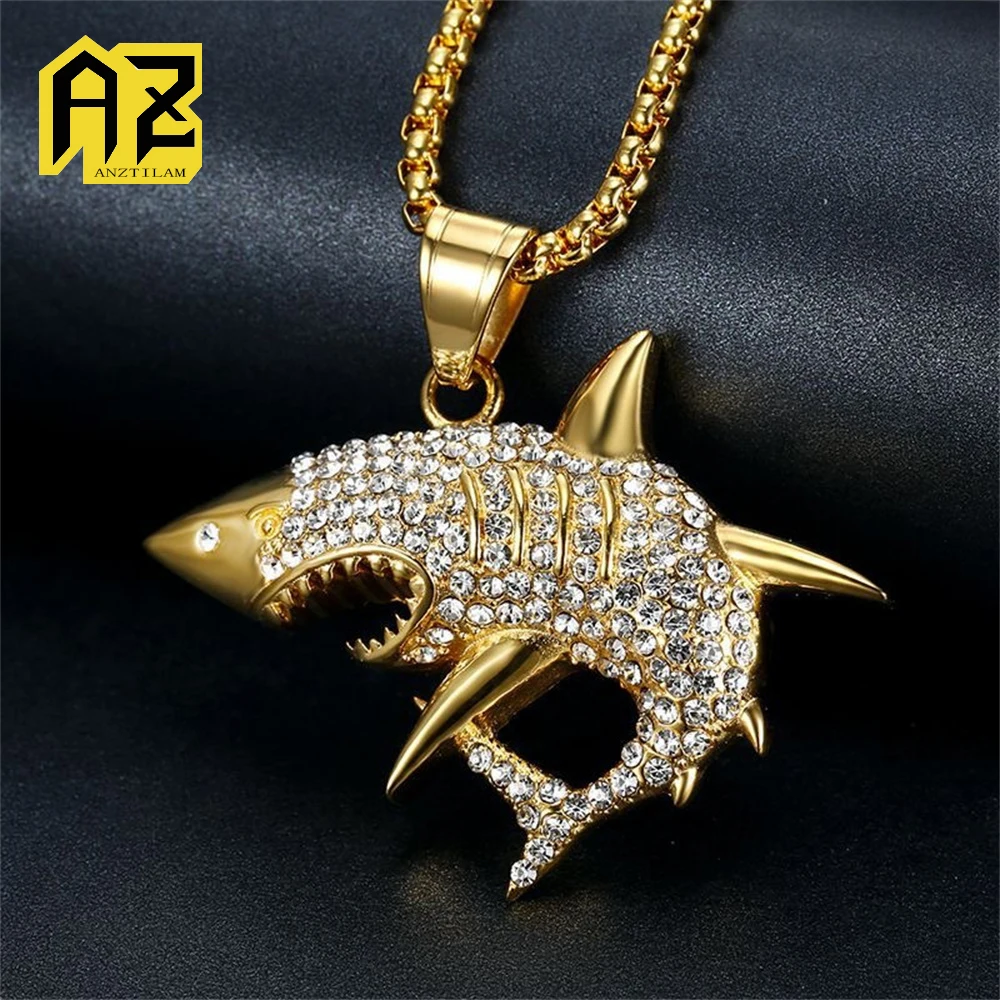 

Anztilam Iced Shark No Fade 316L Stainless Steel Iced Out Pendant with Long Link Chain Necklaces for Women Men Hip Hop Jewelry