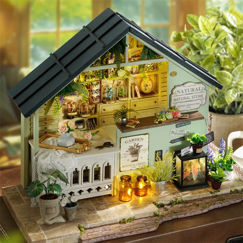 DIY Holz Miniatur Modell Kit Pflanzen Studio Cottage Puppenhäuser 3D Puzzle Puppenhaus mit Möbeln für Freunde Geburtstagsgeschenke