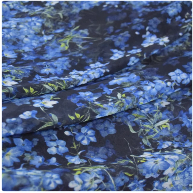 Elegant Black Bottom Blue Flower Print Chiffon Fabric, Dress Shirt Cheongsam Han Cloth Sewing Tissue, Soft Transparen, T2228