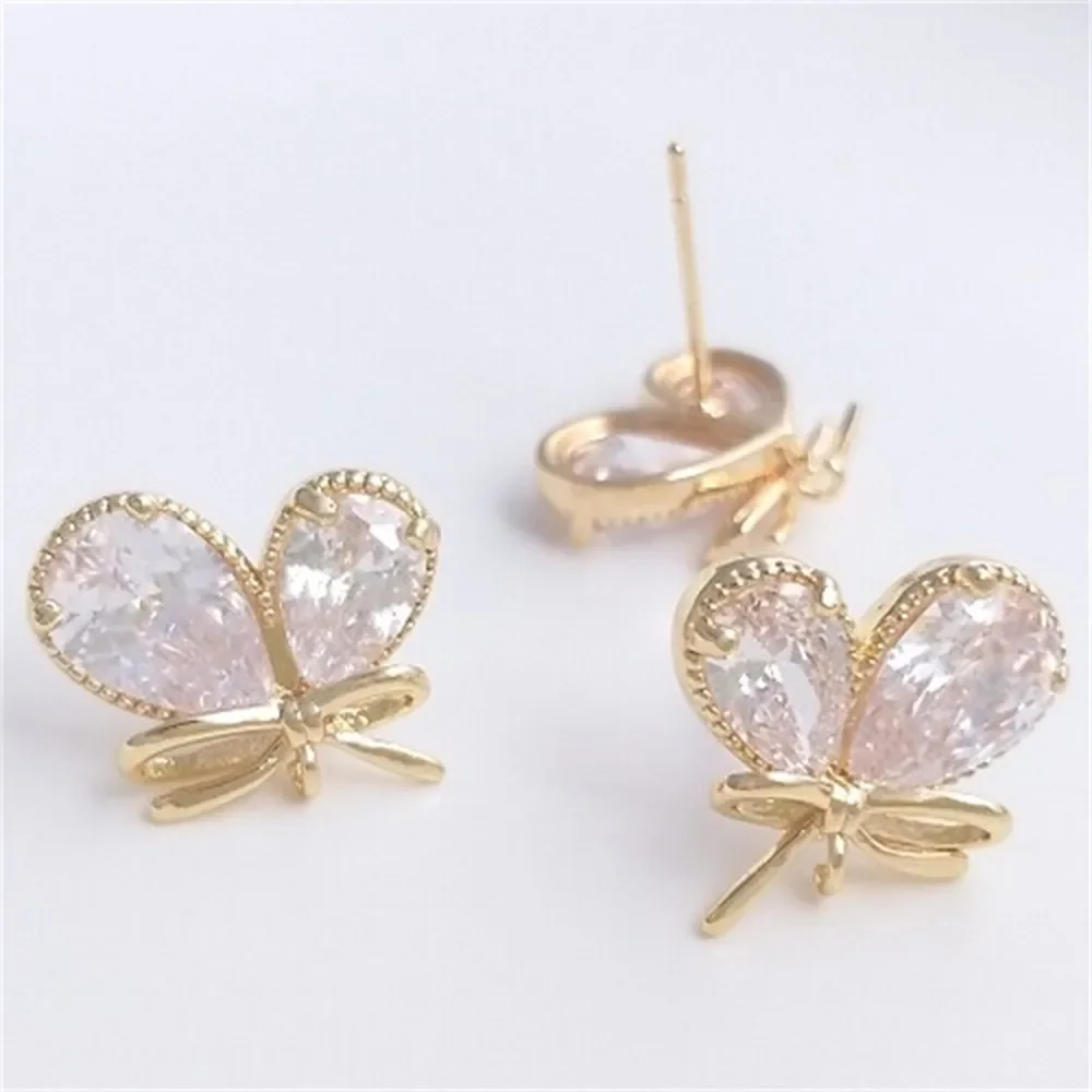 

14K Gold Color Large Water Drops Zircon Butterfly with Sling Studs Earrings 925 Silver Needle Handmade DIY Earrings Ear Jewelry