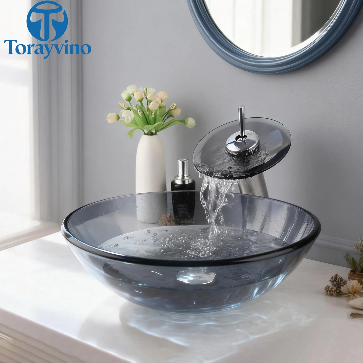 Torayvino Bathroom Sink Basin With Handle Black Round Transparent Glass Basin Deck Mount Waterfall Hot Cold Water Mixer Taps Set