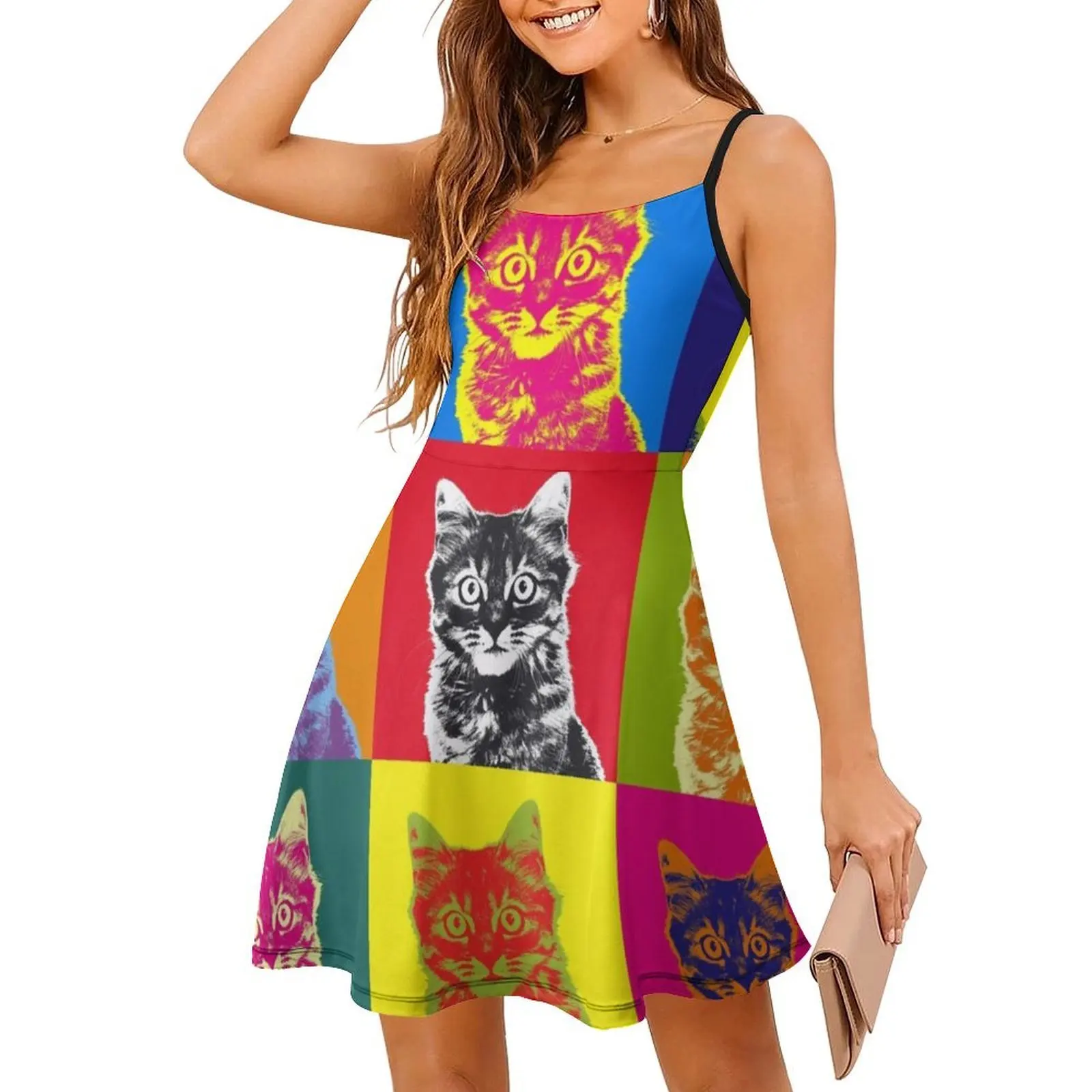 カラフルな猫ヴィンテージボヘミアンドレスパフスリーブまたはノースリーブオプション女性用ドレス猫タビーキトゥン猫ペットポートレート