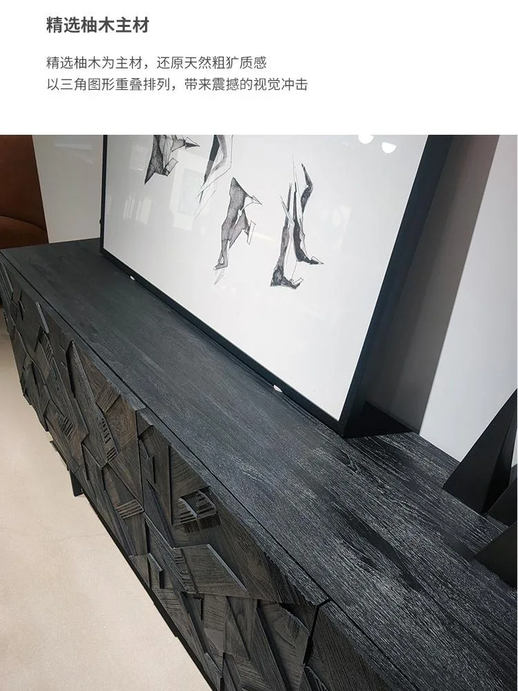 Nordic all solid wood Indonesia imported Belgian teak carved dining side cabinet black retro living room TV cabinet