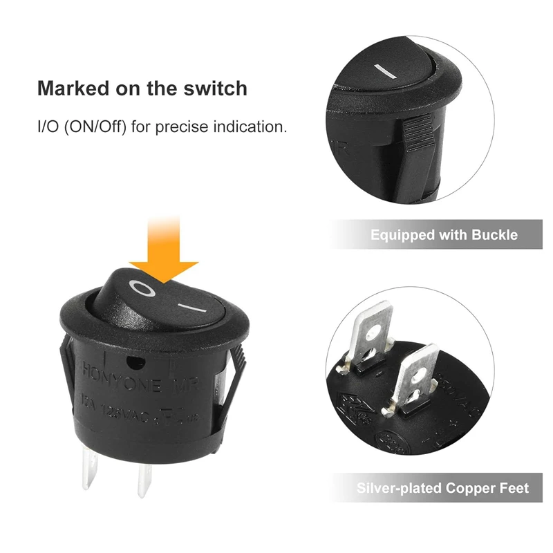 5/10pcs Round Rocker Power Switch 6A 250V AC 2 Pin 2 Position ON/Off Power Boat Switches SPST Black Button Mini Round Black Red