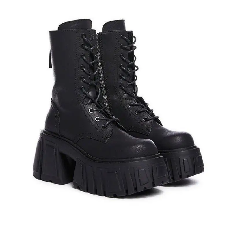 Botas Militares con Plataforma Mujer Botines Media Caña Tacón Bloque Medio Grueso Cordones y Cremallera Lateral Zapatos Moto Punk Góticos 2026
