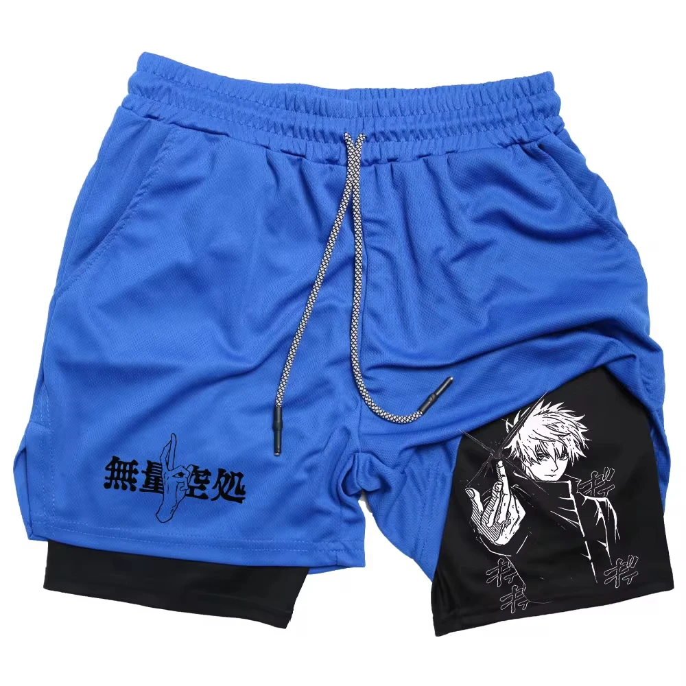 Summer Breathable 2-in-1 Men\'s Stretch Compression Fitness Double Layer Shorts Anime Quick-Drying Running Sports Shorts M-3XL