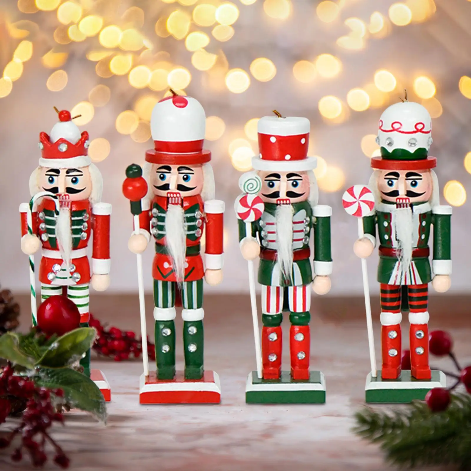 4x Wooden Nutcracker Figures Fireplace Home Mantle Family Friend Office Shelves Christmas Ornament Cabinet Christmas Decoration