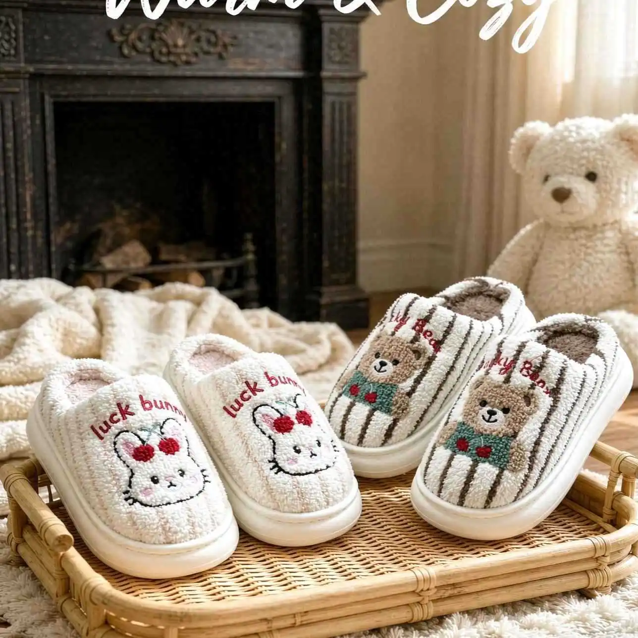 Kids'Slippers Cartoon Solid Color Plush Winter Flat Shoes For Children Anti-slip Soft Bottom Home Slipper Pink Brown Size 24-45