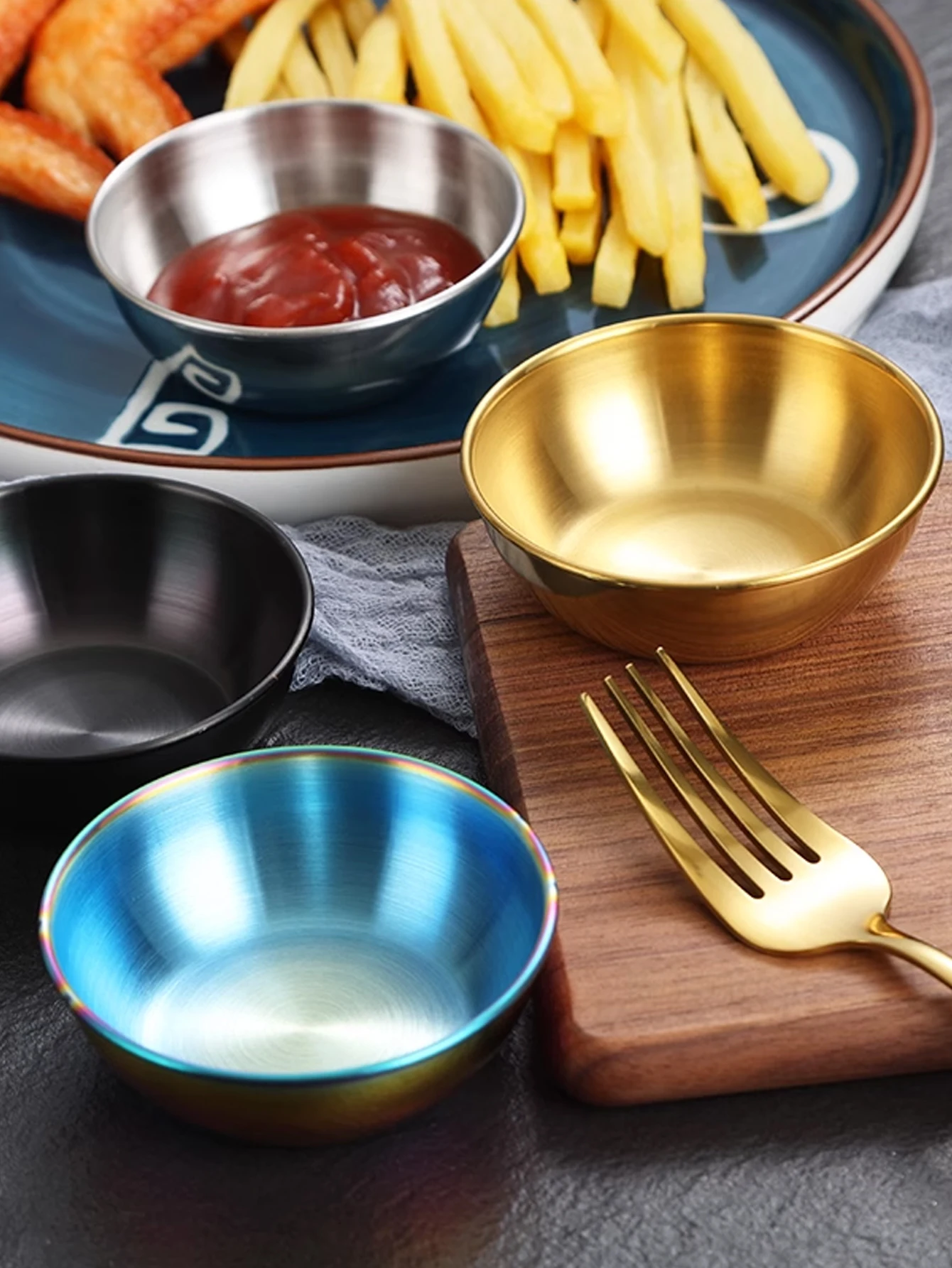 2/4/12pcs Stainless Steel Golden Sauce Dishes Appetizer Seasoning Serving Dishes Sets Tray Spice Plates Kitchen Tableware