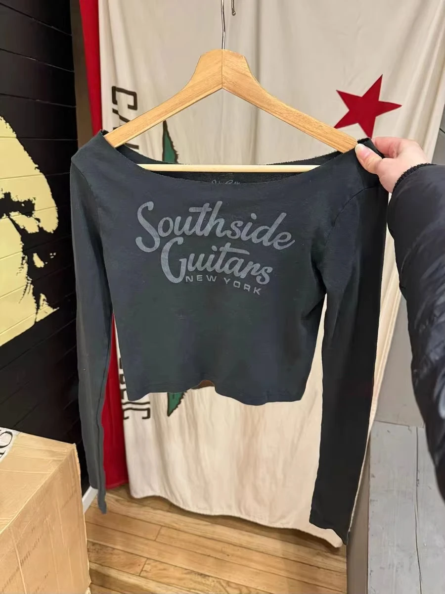 T-shirt a maniche lunghe slim con stampa di lettere Harajuku T-shirt da donna sexy con scollo a barchetta in cotone T-shirt corta vintage americana streetwear