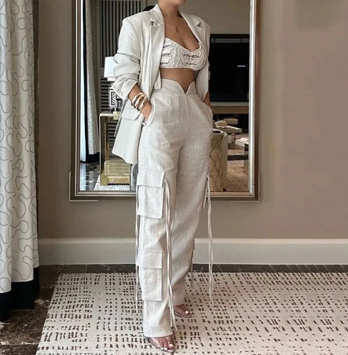 Women's Two Piece Celebrity Style Spicy Girl Long Sleeved Top Set 2024 Private Server Mingyuan Hollow Out Pockets Long Pants Set