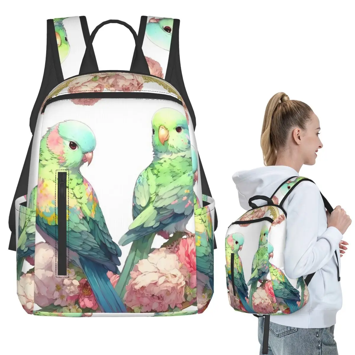 

Two Green Parrots Birds And Blooms Flowers Backpack Student BookBag Children School Bag Laptop Shoulder Bags Men Women