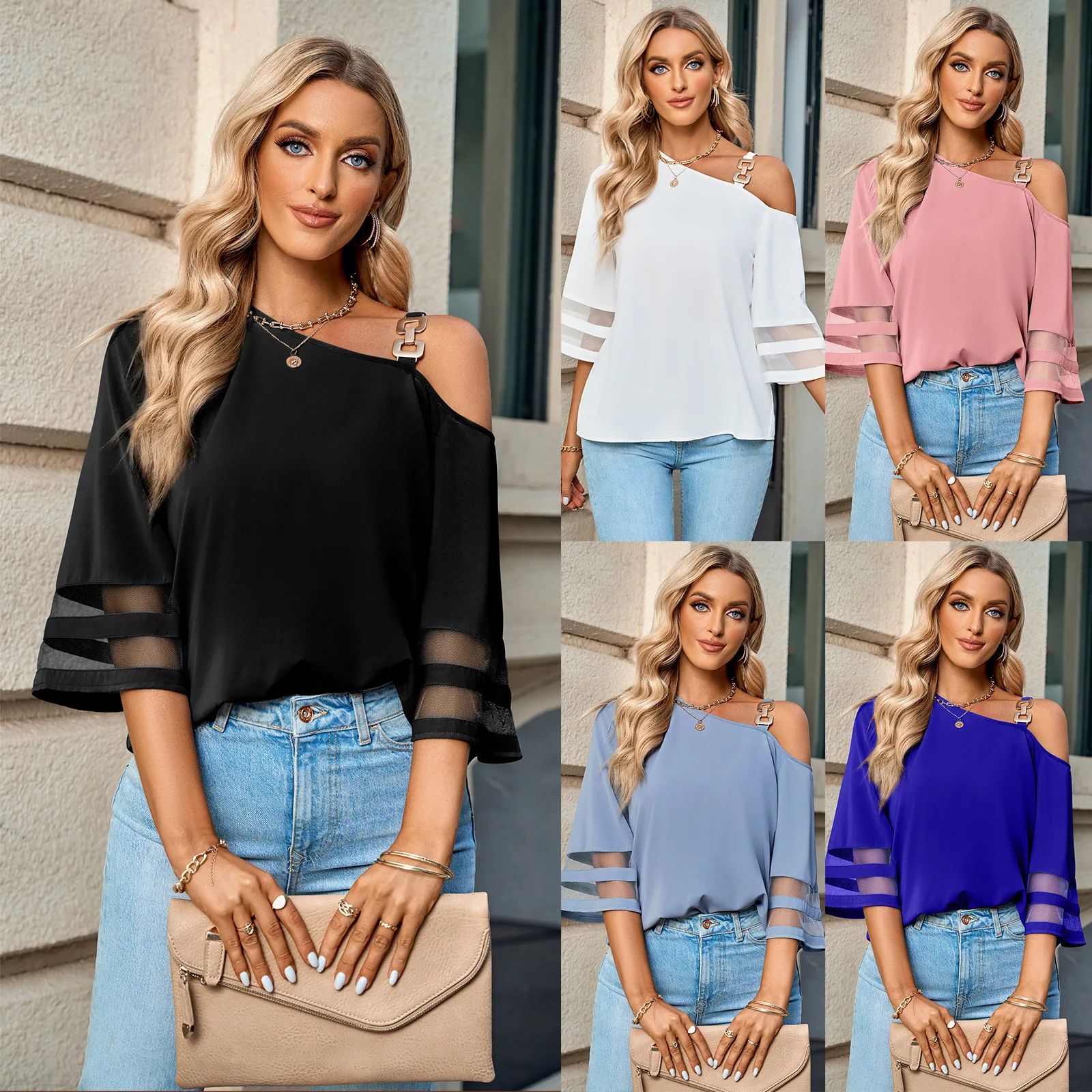 

2025 Spring and Summer New Women's Clothing Fashion Casual Solid Color Metal Buckle Shoulder Top Women