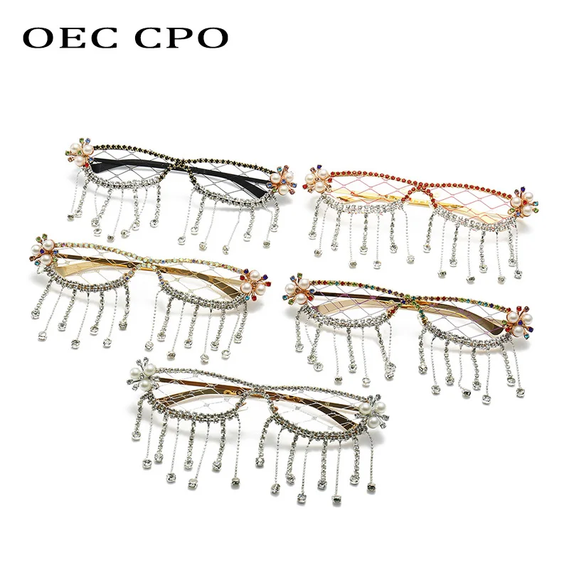Fashion Tassel Diamonds Sunglasses Women Luxury Rhinestone Crystal Sun Glasses Female Steampunk Mesh Shades No Lens Eyewear