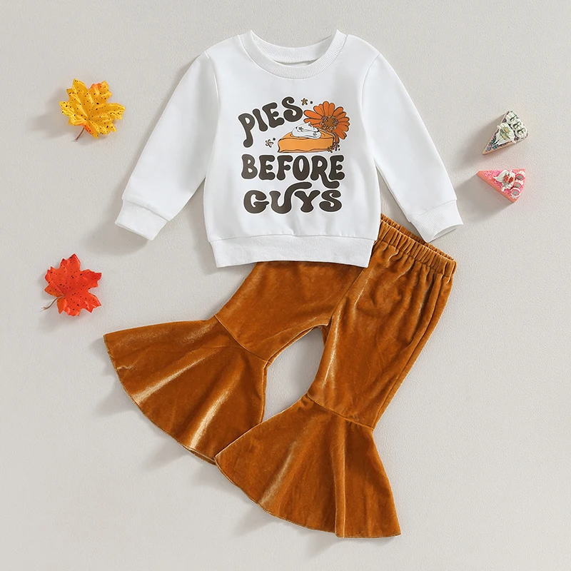 Toddler Baby Girl Halloween Thanksgiving Outfit Pumpkin Pies Sweatshirt Long Sleeve T-Shirt Bell Bottom Pants Set