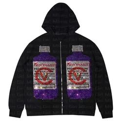 Jesień Y2K Rhinestone grafika Zip Up bluza oversize Goth bluza z kapturem mężczyźni kobiety Grunge kurtka z kapturem Streetwear odzież z literami